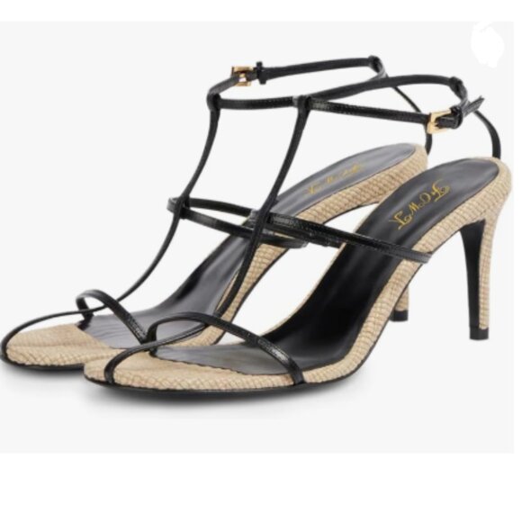 FOWT Beige-black Open Toe T-Strap Sandals Ankle Strap Buckle Thin Mid Heels Shoe - Picture 1 of 8